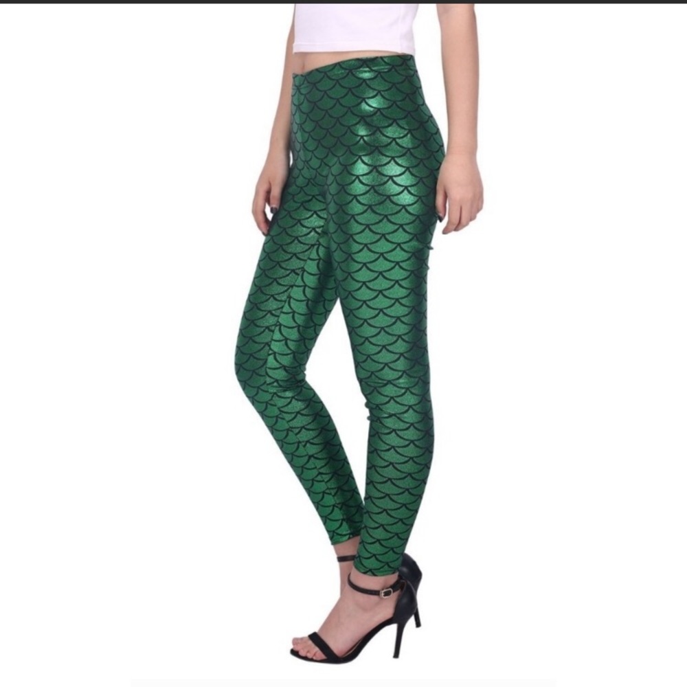 Emerald Green Mermaid Scale Leggings Metallic